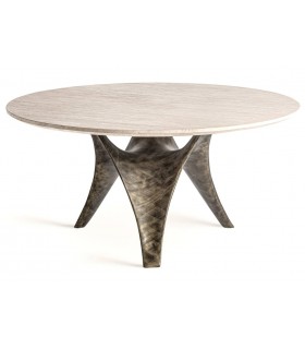 Mesa comedor redonda XL art decó base acero y tapa travertino. Mdmhogar