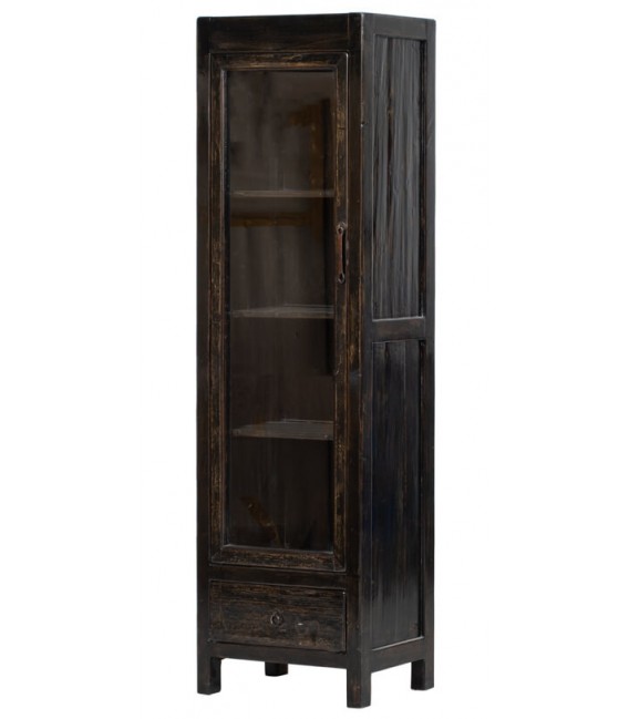 Vitrina pequeña boho de madera maciza con puerta de cristal negra. Mdmhogar