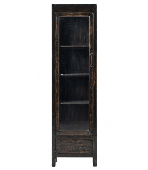 Vitrina pequeña boho de madera maciza con puerta de cristal negra.