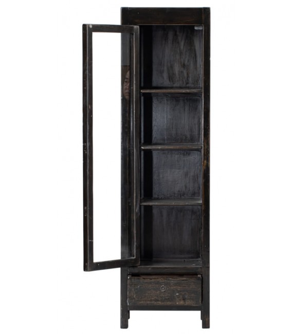 Vitrina pequeña boho de madera maciza con puerta de cristal negra. 1