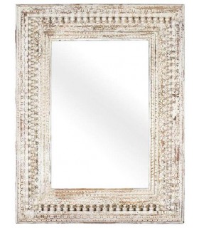 Espejo XL étnico madera maciza de mango tallada decapada blanco. Mdmhogar