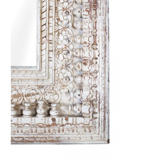 Espejo XL étnico madera maciza de mango tallada decapada blanco.