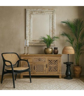 Espejo XL étnico madera maciza de mango tallada decapada blanco. Mdmhogar