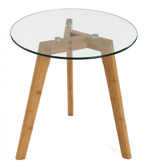 Mesita redonda de bambú y cristal templado, estilo nórdico elegante. 1