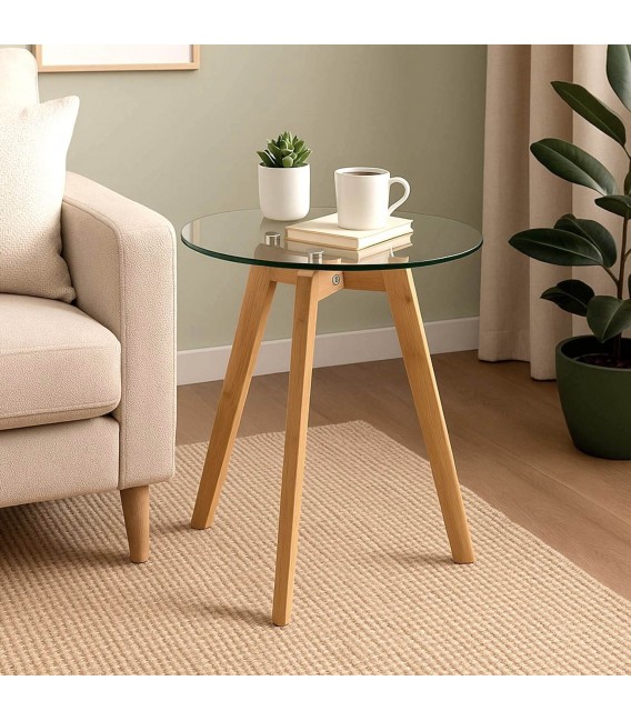 Mesita redonda de bambú y cristal templado, estilo nórdico elegante.  Mdmhogar