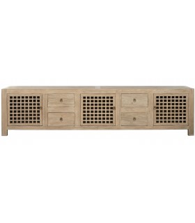 Mueble TV grande de madera natural con cajones y puertas de celosía. 1