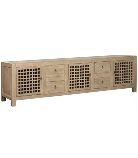 Mueble TV grande de madera natural con cajones y puertas de celosía. Mdmhogar