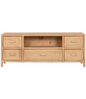 Mueble TV pequeño boho con 5 cajones de bambú, ratán y abeto natural. 1