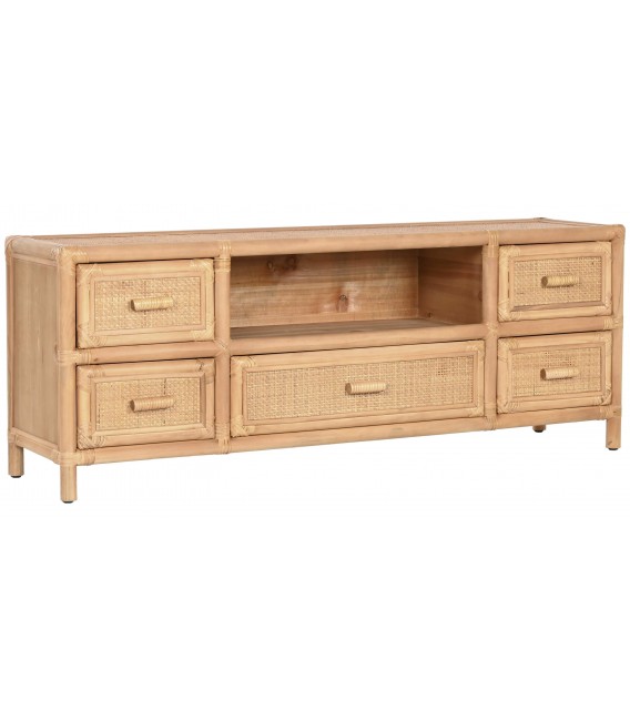 Mueble TV pequeño boho con 5 cajones de bambú, ratán y abeto natural.