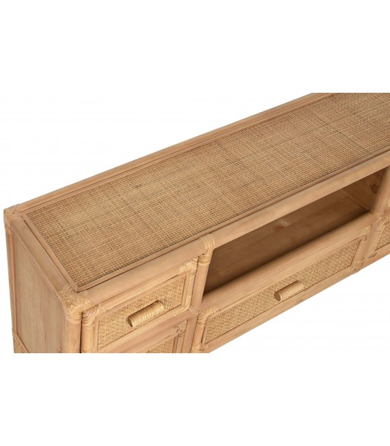 Mueble TV pequeño boho con 5 cajones de bambú, ratán y abeto natural. 3