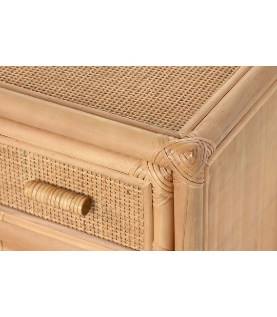 Mueble TV pequeño boho con 5 cajones de bambú, ratán y abeto natural. 2