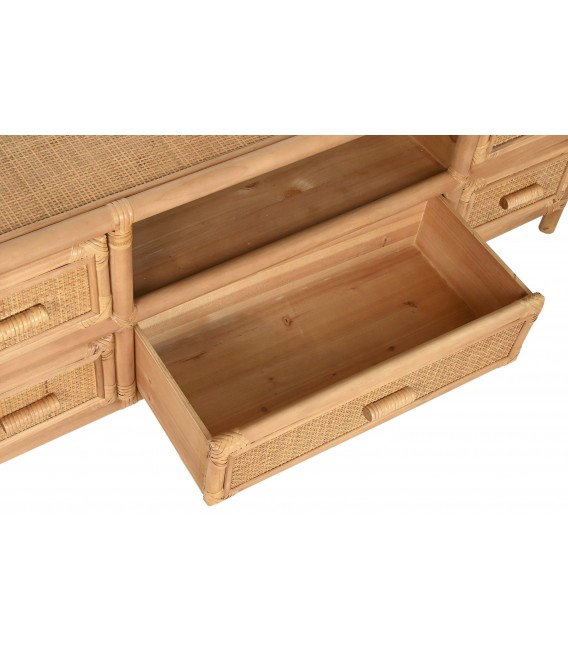 Mueble TV pequeño boho con 5 cajones de bambú, ratán y abeto natural. 4