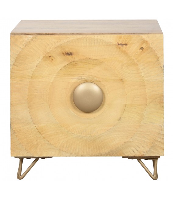 Mesita art decó de mango natural con puerta y detalles dorados.