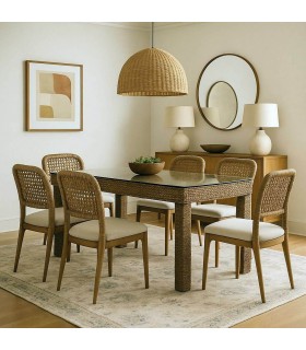 Mesa boho de fibra trenzada con tapa de cristal y base artesanal. Mdmhogar