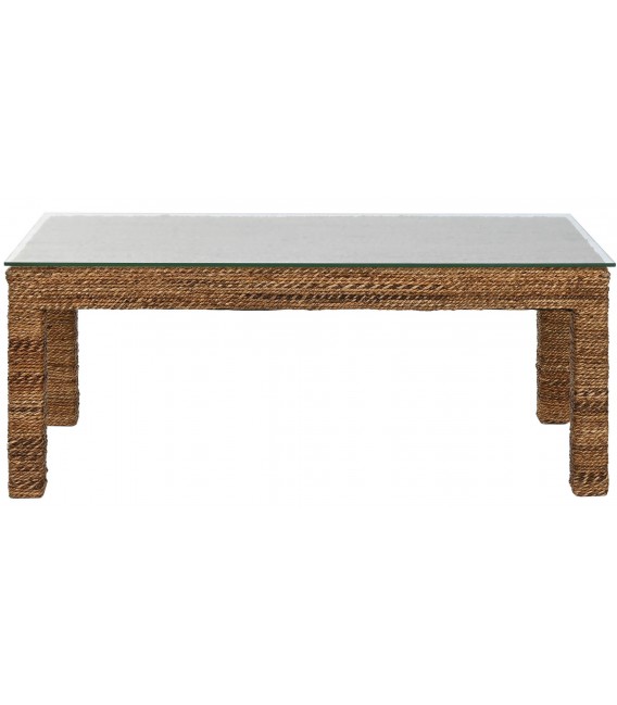 Mesa de centro boho con tapa de cristal y cuerpo de fibra natural.