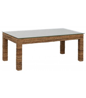 Mesa de centro boho con tapa de cristal y cuerpo de fibra natural. Mdmhogar
