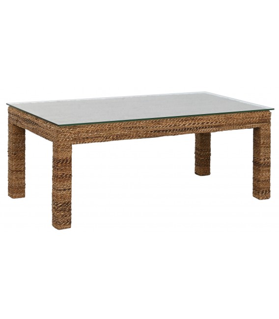 Mesa de centro boho con tapa de cristal y cuerpo de fibra natural. Mdmhogar