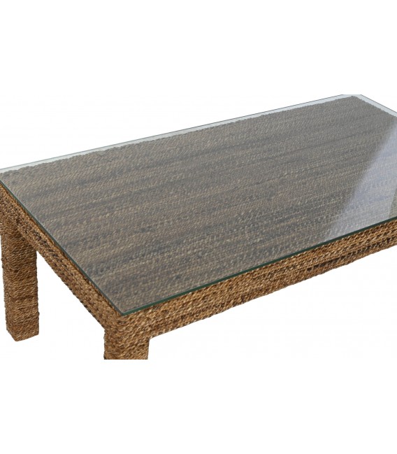 Mesa de centro boho con tapa de cristal y cuerpo de fibra natural. 1