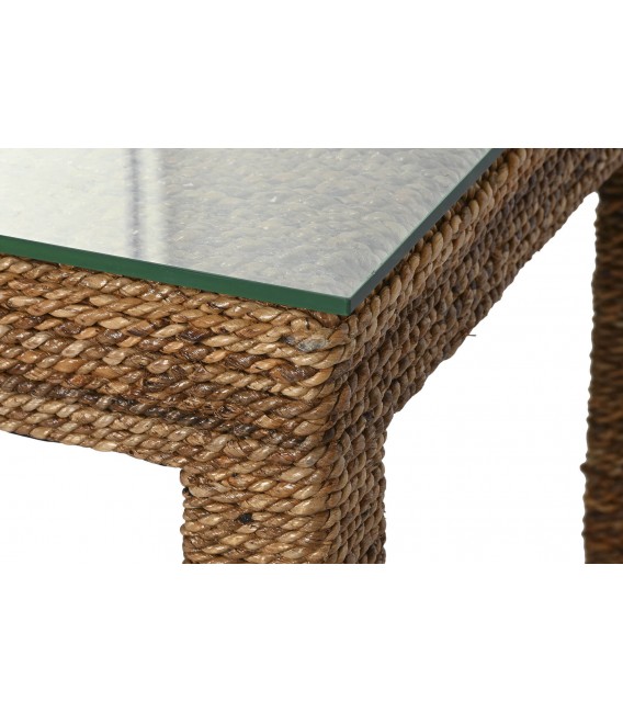 Mesa de centro boho con tapa de cristal y cuerpo de fibra natural. 2