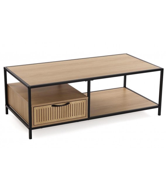 Mesa de centro industrial con cajón y acabado roble natural negro.