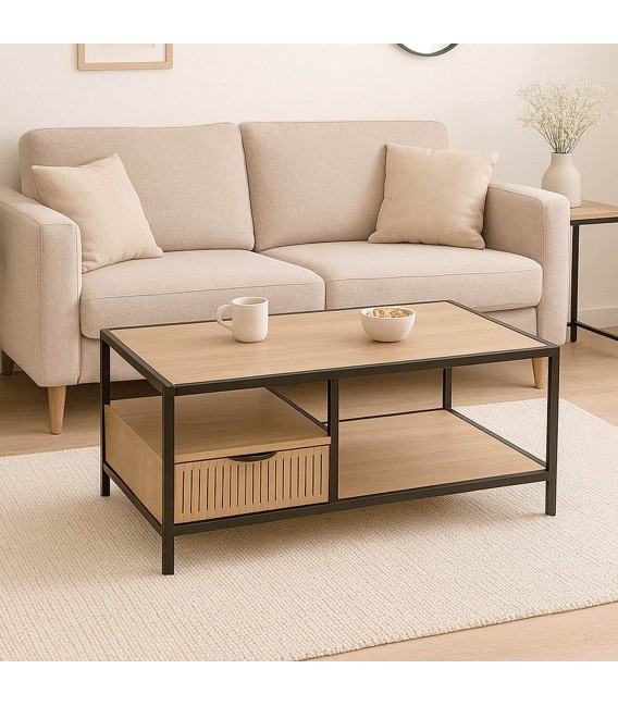 Mesa de centro industrial con cajón y acabado roble natural negro. Mdmhogar