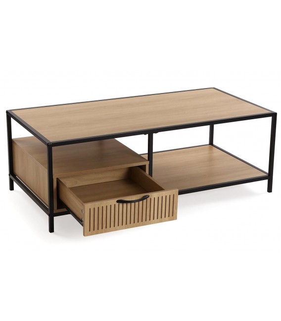 Mesa de centro industrial con cajón y acabado roble natural negro. 1