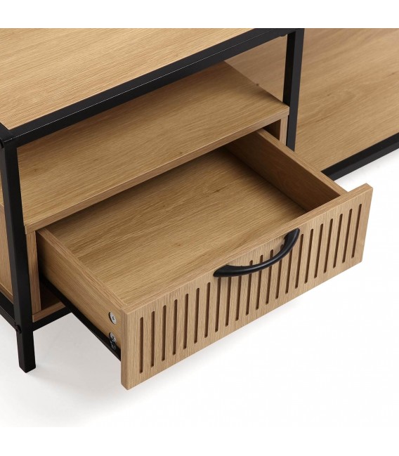 Mesa de centro industrial con cajón y acabado roble natural negro. 5