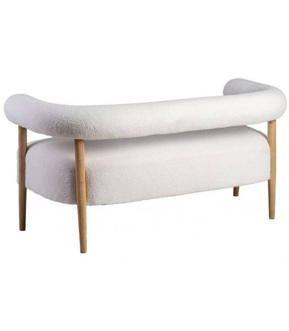 Sofá 2 plazas estilo moderno con bouclé blanco y madera natural.