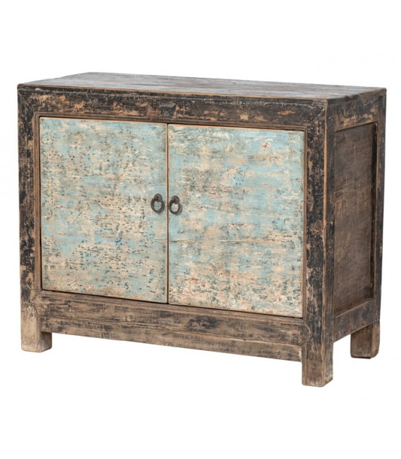 Taquillón oriental antiguo negro y turquesa con puertas decapadas.