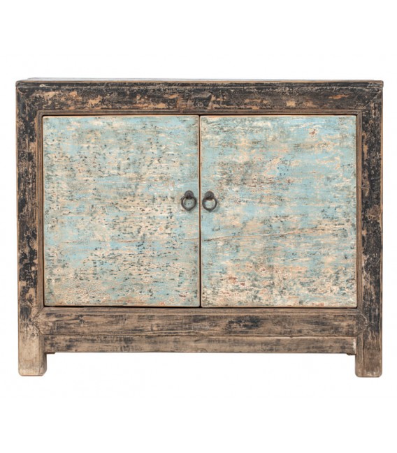 Taquillón oriental antiguo negro y turquesa con puertas decapadas. 1