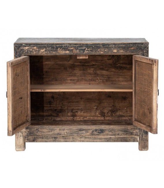 Taquillón oriental antiguo negro y turquesa con puertas decapadas. 2