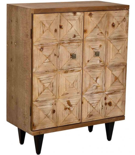 Taquillón rústico con puertas decoradas patas negras tiradores oro.