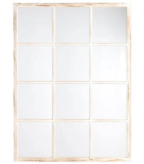 Espejo ventana rectangular en madera blanca rozada estilo boho.