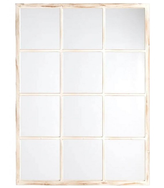 Espejo ventana rectangular en madera blanca rozada estilo boho.