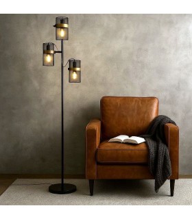 Lámpara de pie negra y dorada con 3 focos orientables metálicos. Mdmhogar