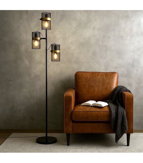 Lámpara de pie negra y dorada con 3 focos orientables metálicos. Mdmhogar