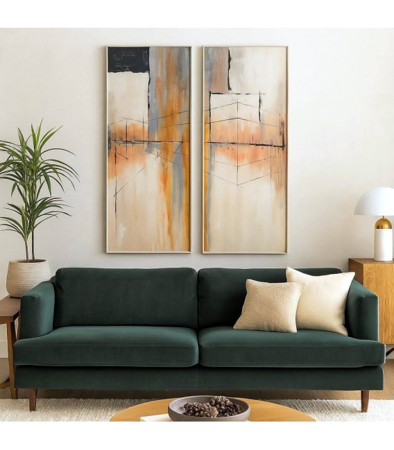 Set 2 cuadros abstractos pintados a mano con marco de pino natural. Mdmhogar