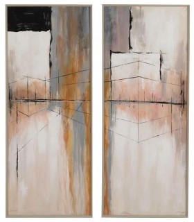 Set 2 cuadros abstractos pintados a mano con marco de pino natural.