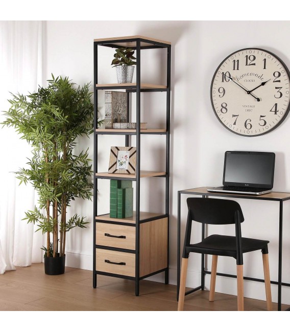 Librería de metal y madera con 2 cajones, estilo industrial. Mdmhogar