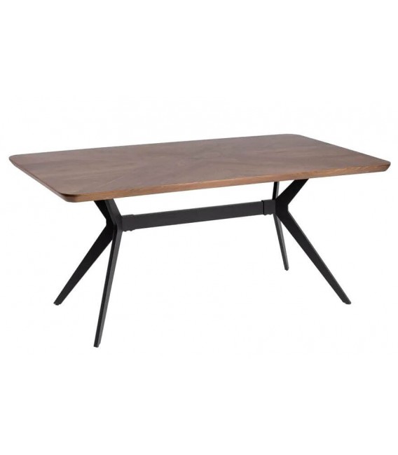 Mesa de comedor fija industrial con tapa efecto nogal y patas negras.