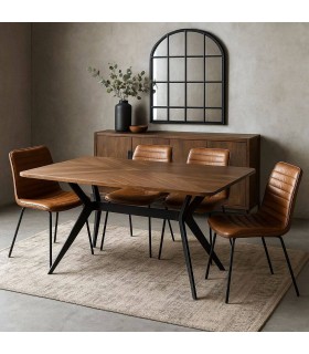 Mesa de comedor fija industrial con tapa efecto nogal y patas negras. Mdmhogar