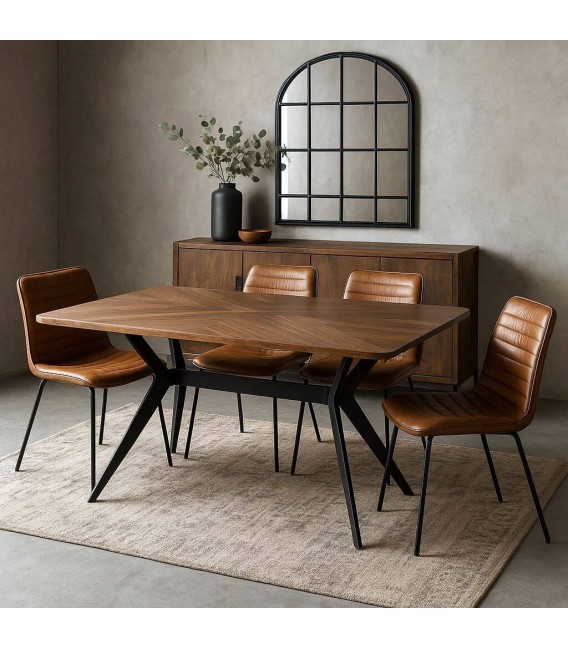 Mesa de comedor fija industrial con tapa efecto nogal y patas negras. Mdmhogar