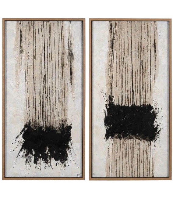 Set de 2 cuadros abstractos pintados a mano con marco natural y negro.