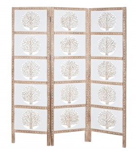 Biombo de madera tallada natural y blanco con estilo étnico artesanal.