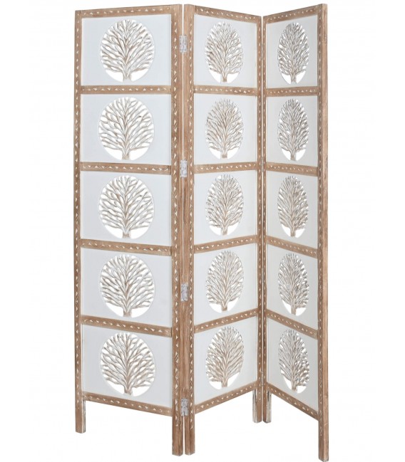 Biombo de madera tallada natural y blanco con estilo étnico artesanal. 1