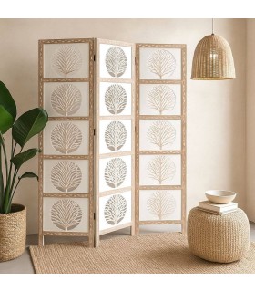 Biombo de madera tallada natural y blanco con estilo étnico artesanal. Mdmhogar