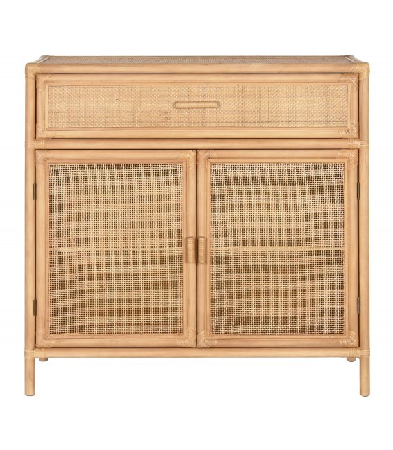 Taquillón boho con puertas de ratán y estructura de madera natural. 1