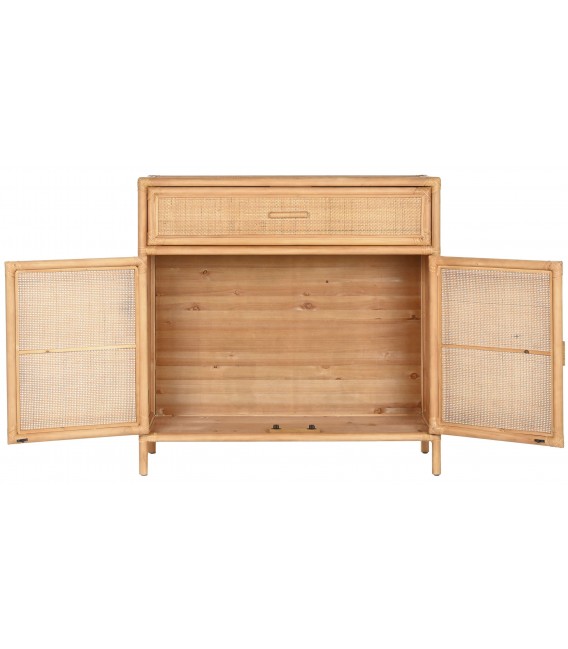 Taquillón boho con puertas de ratán y estructura de madera natural. 2