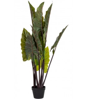 Planta artificial tropical alocasia con maceta negra para interior. 1