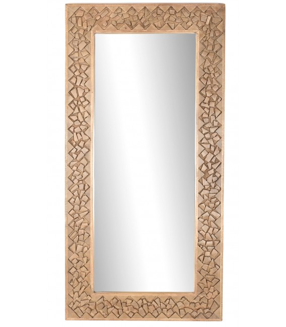 Espejo XL étnico de madera de mango tallada a mano natural.